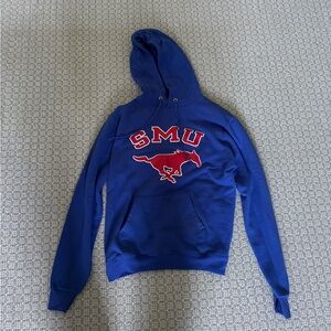 SMU blue college hoodie with red mustang. Size small